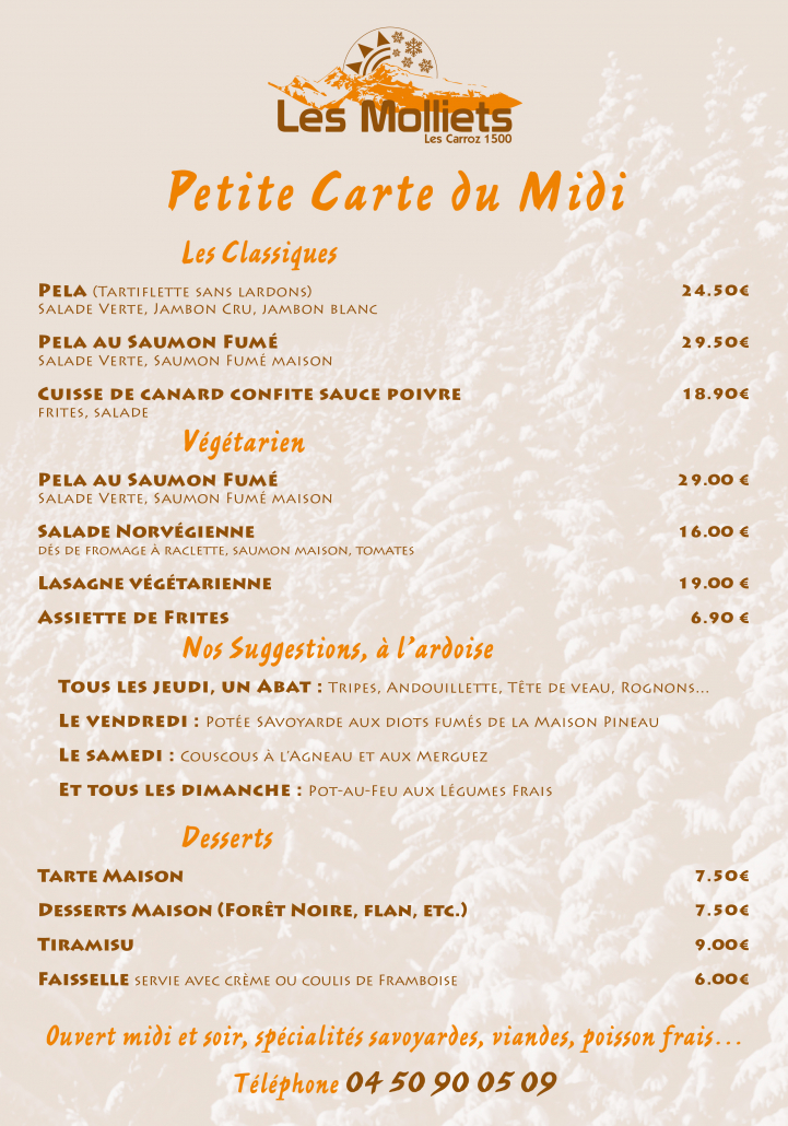 Petite carte du midi - Restaurant Les Molliets, Les Carroz
