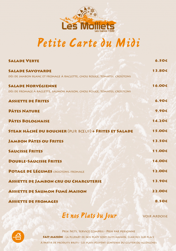 Petite carte du midi - Restaurant Les Molliets, Les Carroz