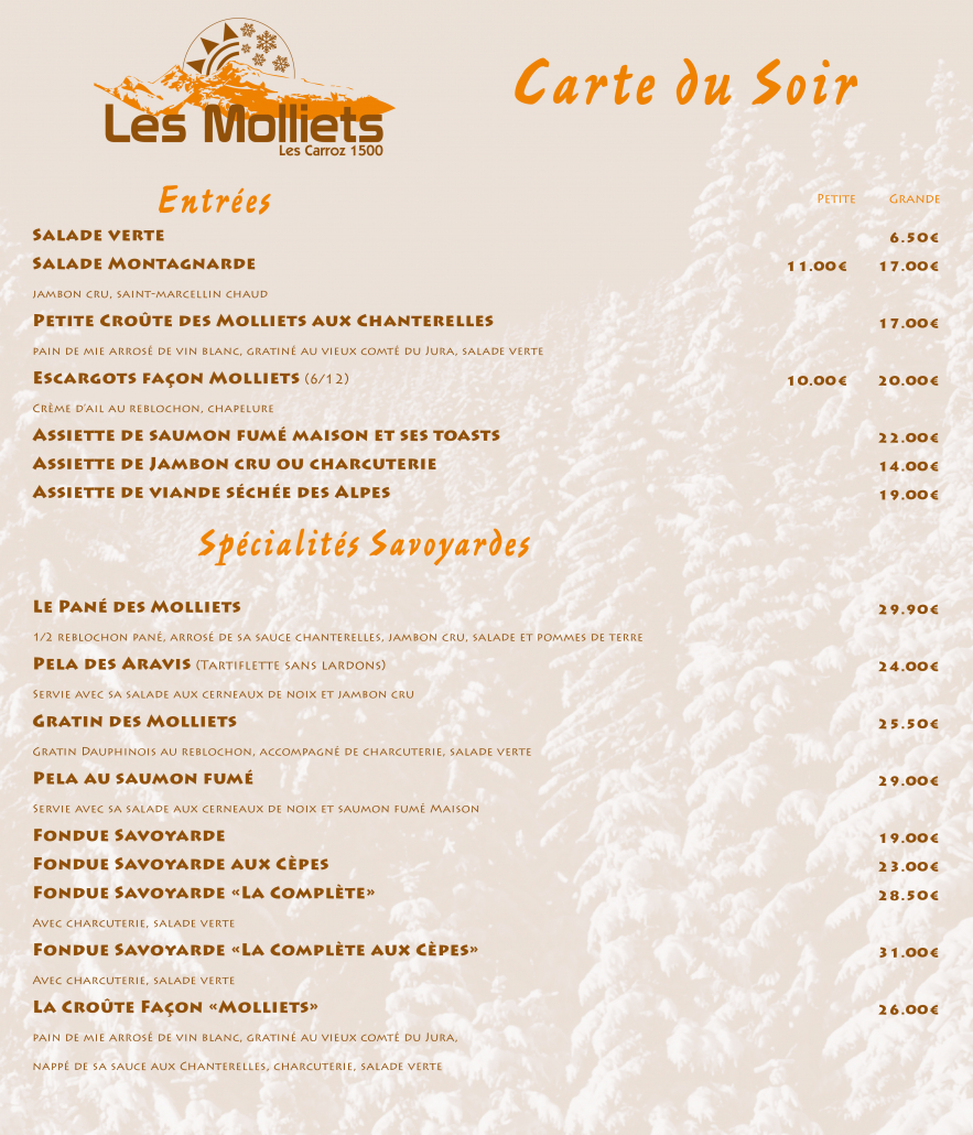 Carte du soir - Restaurant Les Molliets, Les Carroz